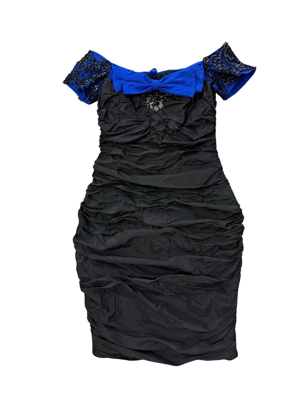 Neiman Marcus Vintage 90's Black & Blue Ruched Cocktail Dress — image 3 of 5